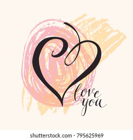 Vector graphic heart and handwritten calligraphic inscription Love You. Black handwriting creative lettering on colored scribble on white background, design element for holiday cards and invitations