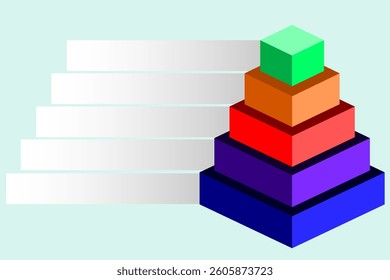 Vector graphic hierarchical statistical illustration depicting pyramid of blue with purple with red with orange and green stacked cube, Infographic five step suggesting concept educational diagram