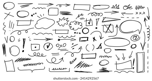 Vector graphic highlight of brush pen.Set of cute doodle underline for notes.Hand drawn abstract collection of highlight, brush and elements.Vector illustration.Vector brush underline for note