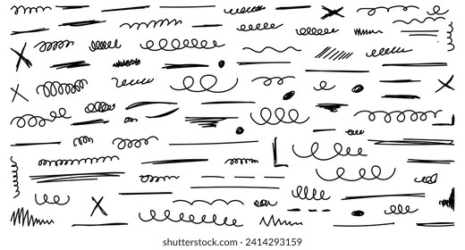 Vector graphic highlight of brush pen.Set of cute doodle underline for notes.Hand drawn abstract collection of highlight, brush and elements.Vector illustration.Vector brush underline for note