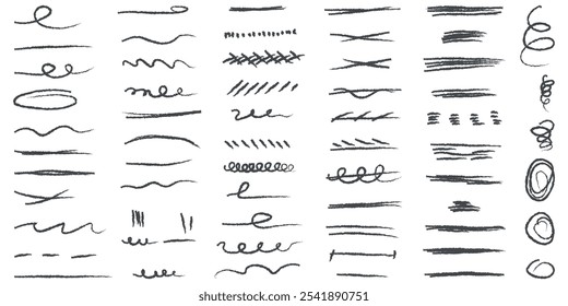 Vector graphic highlight of brush pen. Set of doodle charcoal underline for notes. Hand drawn abstract collection of highlight, brush, elements. Black ink, scribble, crayons, lines. Isolated vector