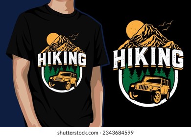 Vector graphic hike hiker hiking mountain t-shirt design.With Mountain illustrations,outdoor adventure,Outdoors Vintage T-shirts,Hiking equipment,hiking boots and hiking icon. ready to print in tshirt