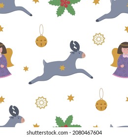 Vector graphic holiday seamless pattern with Christmas objects. Pretty toys angel, heart and golden snowflake