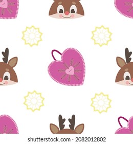 Vector graphic holiday seamless pattern with christmas objects. Deer hat and pink heart