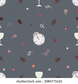 Vector graphic holiday seamless pattern with alarms and glasses. New year background