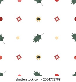 Vector graphic holiday seamless pattern with christmas holly leaves and abstract flowers on a white background