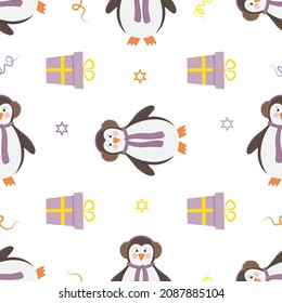 Vector graphic holiday seamless pattern with penguins and presents on a white background