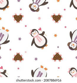 Vector graphic holiday seamless pattern with penguins and hearts on a white background