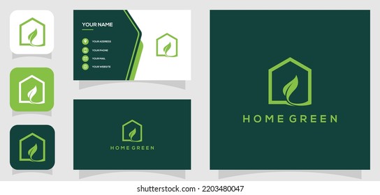 Vector graphic of home green, leaf house, minimalist logo design with business card template