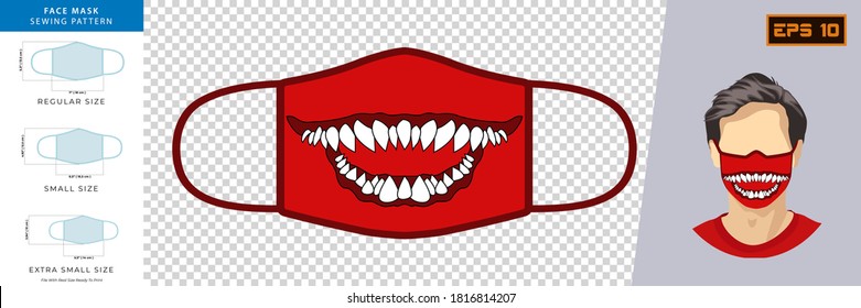 Gráfico vectorial de máscaras de horror en diseño de máscara. Enmascaramiento facial coser el concepto de vista frontal con tamaño real listo para imprimir. Plantilla de diseño de máscara facial, protección contra el polvo y respiración respiratoria médica respiratoria.
