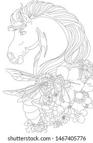 Vector graphic of horse, bee and flowers for colouring 