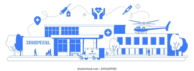 Vector graphic of hospital building isolated on white. Healthcare infographic illustration in one blue color line art. Emergency clinic with ambulance and helicopter.