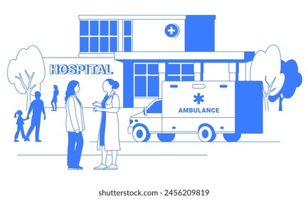 Vector gráfico de edificio hospitalario aislado en blanco. Ilustración sanitaria con ambulancia, médico y paciente. Concepto de arte de línea de color azul.