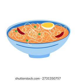 Gráfico vetorial de um prato de macarrão asiático quente e picante. Esta ilustração plana mostra uma tigela azul de sopa com ramen, um ovo cozido, pimenta chili e cebola verde em um fundo branco. Alimento apetitoso