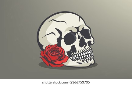 Vector graphic human skull with red rose. The day of the Dead.