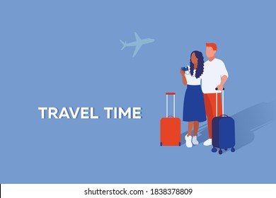 Vector graphic of husband and wife they stay with suitcases in background with airplane. Travel and vacation time.