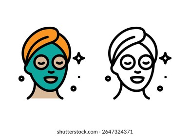 vector graphic icon of a beauty facial mask treatment showing a woman’s face covered with a skincare sheet mask. Ideal for spa and salon brochures, skincare, cosmetic, beauty blog and facial treatment