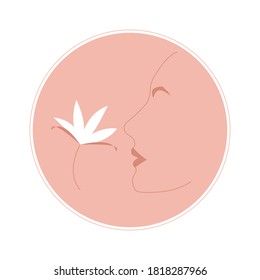Vektorgrafik-Symbol-Emblem-Logo für Business-Social-Media-Geschichten Highlights in rosafarbener Farbe. Nude rosa weiße Farbe im Logo. Silhouettenprofil eines Gesichts mit Lippen und weißblühender Blume
