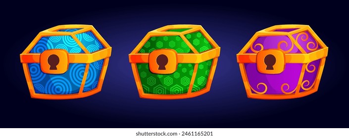 vector; graphic; icon; golden; illustration; closed; keyhole; pattern; clipart; achievement; progress; game; cartoon; chests; design; set; blue; green; purple; 