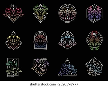 Vector graphic icon illustrations of Zodiac signs and symbols with line art tattoo design