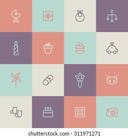 A vector graphic icon set for baby and kids, pinwheel, windmill, pin, rattle, cat, pot, cake, car, gift, stroller, baby carriage, buggy, pushchair, pram, bib, mobile, socks, lego, camera.