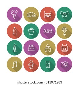 A vector graphic icon set for baby and kids, firecracker, firework, 3d, glasses, bed, ribbon, baby bottle, feeding bottle, pot, candy, mirror, cap, cake, gabe, calendar, water, camera, note.