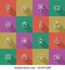 A vector graphic icon set for baby and kids, pinwheel, windmill, pin, rattle, cat, pot, cake, car, gift, stroller, baby carriage, buggy, pushchair, pram, bib, mobile, socks, lego, camera.