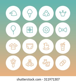 A vector graphic icon set for baby and kids, cap, crown, rattle, ice cream, balloon, reboot, flower, gift, clothes, juice, duck, rattle, pin, socks, car, toy, diaper, nappy.