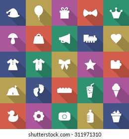 A vector graphic icon set for baby and kids, gift, balloon, hat, crown, mic, mushroom. heart, train, clothes, puzzle, star, foot, camping, ice cream, juice, camera, flower, duck, pot, baby bottle.