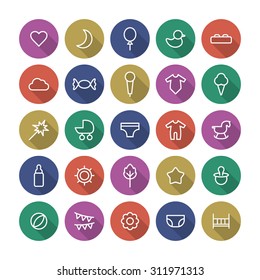 A vector graphic icon set for baby and kids, heart, moon, balloon, duck, baby bottle, star, nipple,  fireworks, stroller, baby carriage, inner wear, wooden horse, candy, mic, ice cream, flower, bed.