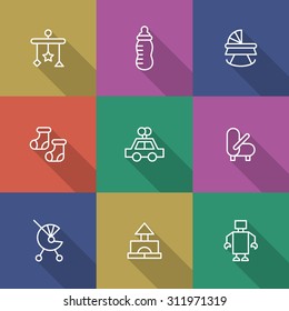A vector graphic icon set for baby and kids, stroller, baby carriage, buggy, pushchair, pram, mobile, nipple, teat, pacifier, dummy, socks, toy, car, robot, gabe.