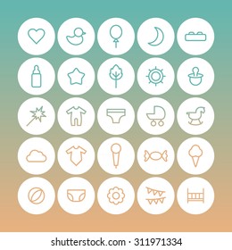 A vector graphic icon set for baby and kids, heart, moon, balloon, duck, baby bottle, star, nipple,  fireworks, stroller, baby carriage, inner wear, wooden horse, candy, mic, ice cream, flower, bed.