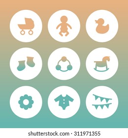 A vector graphic icon set for baby and kids, duck, doll, puppet, marionette, stroller, baby carriage, buggy, pram, rattle, wooden horse, rocking horse, hobby horse, socks, clothes, flag, garland.