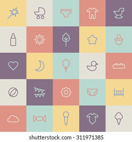 A vector graphic icon set for baby and kids, heart, moon, balloon, duck, baby bottle, star, nipple,  fireworks, stroller, baby carriage, inner wear, wooden horse, candy, mic, ice cream, flower, bed.