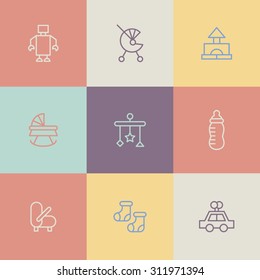A vector graphic icon set for baby and kids, stroller, baby carriage, buggy, pushchair, pram, mobile, nipple, teat, pacifier, dummy, socks, toy, car, robot, gabe.