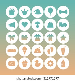 A vector graphic icon set for baby and kids, gift, balloon, hat, crown, mic, mushroom. heart, train, clothes, puzzle, star, foot, camping, ice cream, juice, camera, flower, duck, pot, baby bottle.