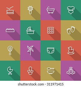 A vector graphic icon set for baby and kids, bath, rattle, drum, clothes, lego, block, foot, inner wear, diaper, nappy, pinwheel, windmill, pin, spoon, car, toy, bowl.