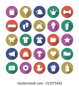 A vector graphic icon set for baby and kids, gift, balloon, hat, crown, mic, mushroom. heart, train, clothes, puzzle, star, foot, camping, ice cream, juice, camera, flower, duck, pot, baby bottle.