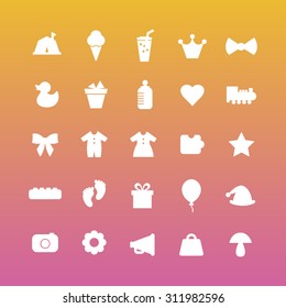 A vector graphic icon set for baby and kids, gift, balloon, hat, crown, mic, mushroom. heart, train, clothes, puzzle, star, foot, camping, ice cream, juice, camera, flower, duck, pot, baby bottle.