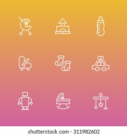 A vector graphic icon set for baby and kids, stroller, baby carriage, buggy, pushchair, pram, mobile, nipple, teat, pacifier, dummy, socks, toy, car, robot, gabe.