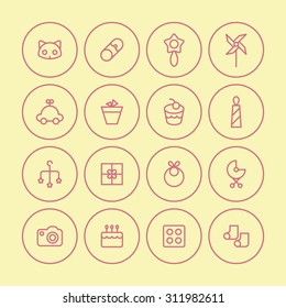 A vector graphic icon set for baby and kids, pinwheel, windmill, pin, rattle, cat, pot, cake, car, gift, stroller, baby carriage, buggy, pushchair, pram, bib, mobile, socks, lego, camera.