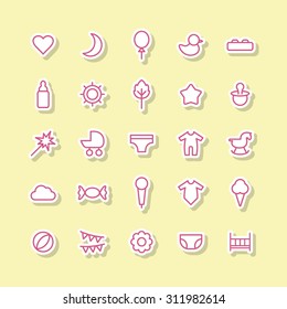 A vector graphic icon set for baby and kids, heart, moon, balloon, duck, baby bottle, star, nipple,  fireworks, stroller, baby carriage, inner wear, wooden horse, candy, mic, ice cream, flower, bed.