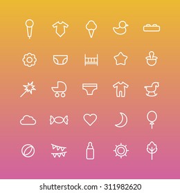A vector graphic icon set for baby and kids, heart, moon, balloon, duck, baby bottle, star, nipple,  fireworks, stroller, baby carriage, inner wear, wooden horse, candy, mic, ice cream, flower, bed.
