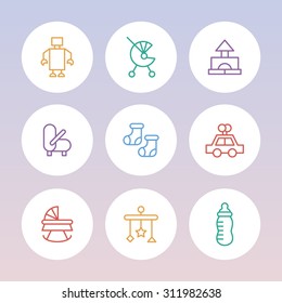 A vector graphic icon set for baby and kids, stroller, baby carriage, buggy, pushchair, pram, mobile, nipple, teat, pacifier, dummy, socks, toy, car, robot, gabe.
