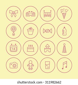 A vector graphic icon set for baby and kids, firecracker, firework, 3d, glasses, bed, ribbon, baby bottle, feeding bottle, pot, candy, mirror, cap, cake, gabe, calendar, water, camera, note.
