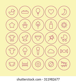 A vector graphic icon set for baby and kids, heart, moon, balloon, duck, baby bottle, star, nipple,  fireworks, stroller, baby carriage, inner wear, wooden horse, candy, mic, ice cream, flower, bed.