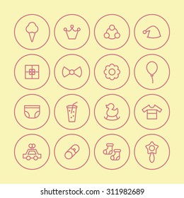 A vector graphic icon set for baby and kids, cap, crown, rattle, ice cream, balloon, reboot, flower, gift, clothes, juice, duck, rattle, pin, socks, car, toy, diaper, nappy.