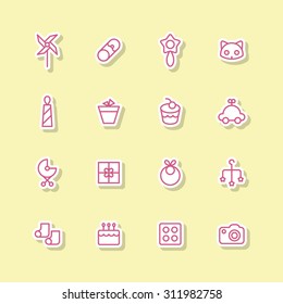 A vector graphic icon set for baby and kids, pinwheel, windmill, pin, rattle, cat, pot, cake, car, gift, stroller, baby carriage, buggy, pushchair, pram, bib, mobile, socks, lego, camera.