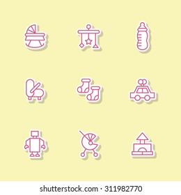 A vector graphic icon set for baby and kids, stroller, baby carriage, buggy, pushchair, pram, mobile, nipple, teat, pacifier, dummy, socks, toy, car, robot, gabe.