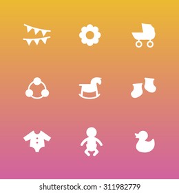 A vector graphic icon set for baby and kids, duck, doll, puppet, marionette, stroller, baby carriage, buggy, pram, rattle, wooden horse, rocking horse, hobby horse, socks, clothes, flag, garland.